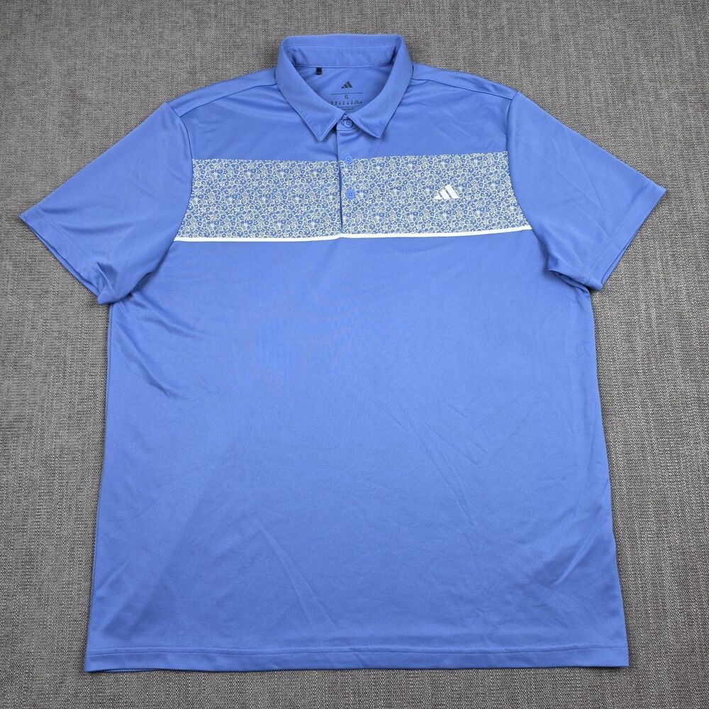 Adidas Mens XL Polo Shirt Light Blue Floral Pattern Block Short Sleeve Golf